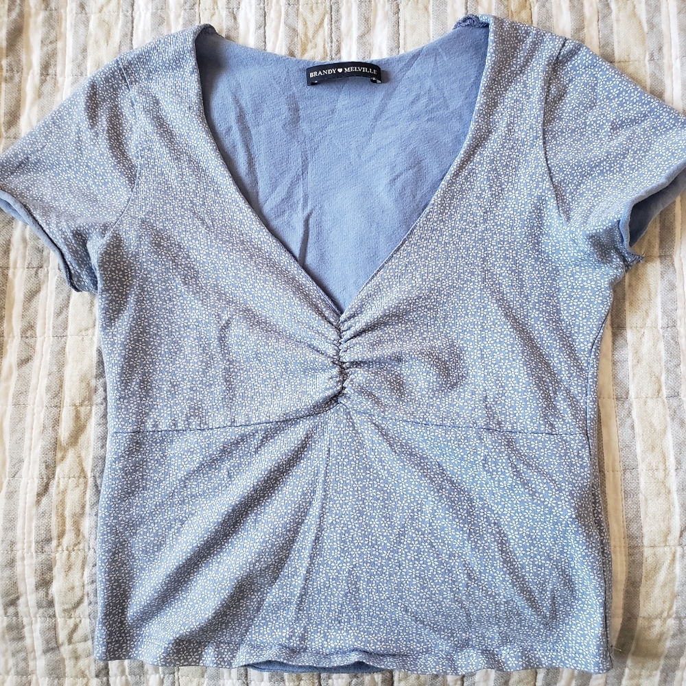 BRANDY MELVILLE Blue & White Cropped Flower Shirt